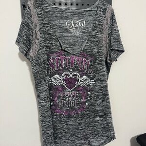 Sinful Gray Space-Dye V-Neck Tee with Purple Graphic